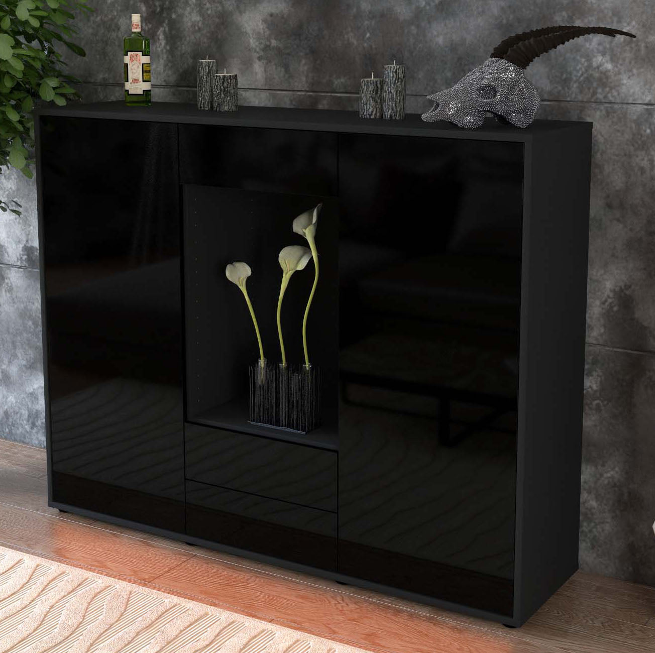 Highboard Marilena, Schwarz Studio (136x108x35cm) - Dekati GmbH