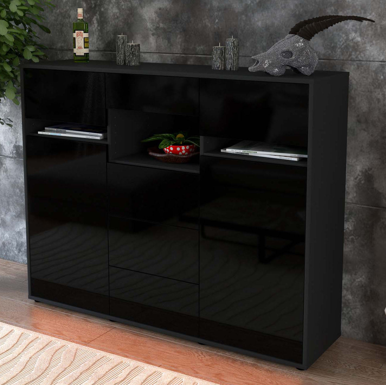 Highboard Nella, Schwarz Studio (136x108x35cm) - Dekati GmbH