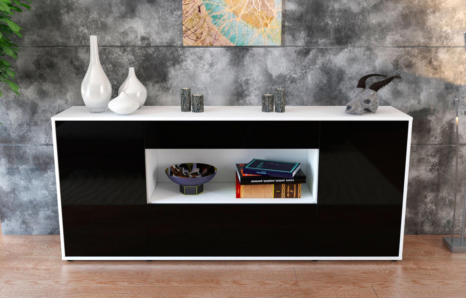 Sideboard Fiora, Schwarz (180x79x35cm)