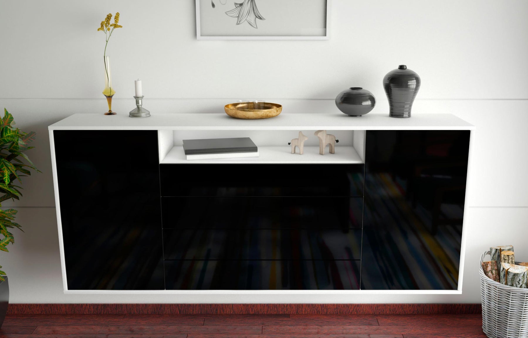 Sideboard New Haven, Schwarz, hängend (180x79x35cm)