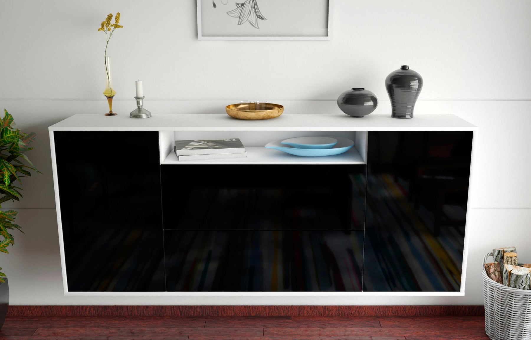 Sideboard Thousand Oaks, Schwarz, hängend (180x79x35cm)