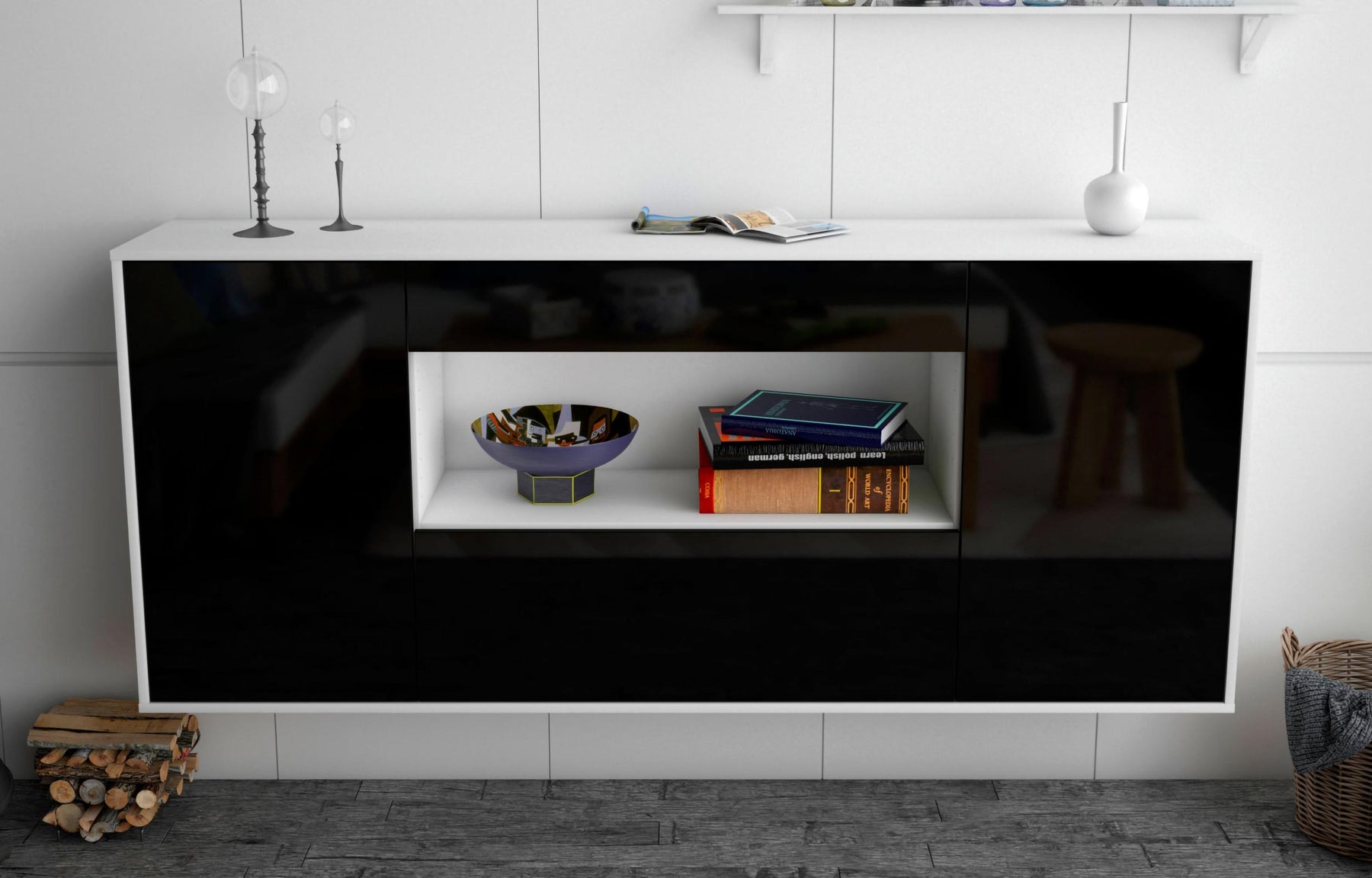 Sideboard Ann Arbor, Schwarz, hängend (180x79x35cm)