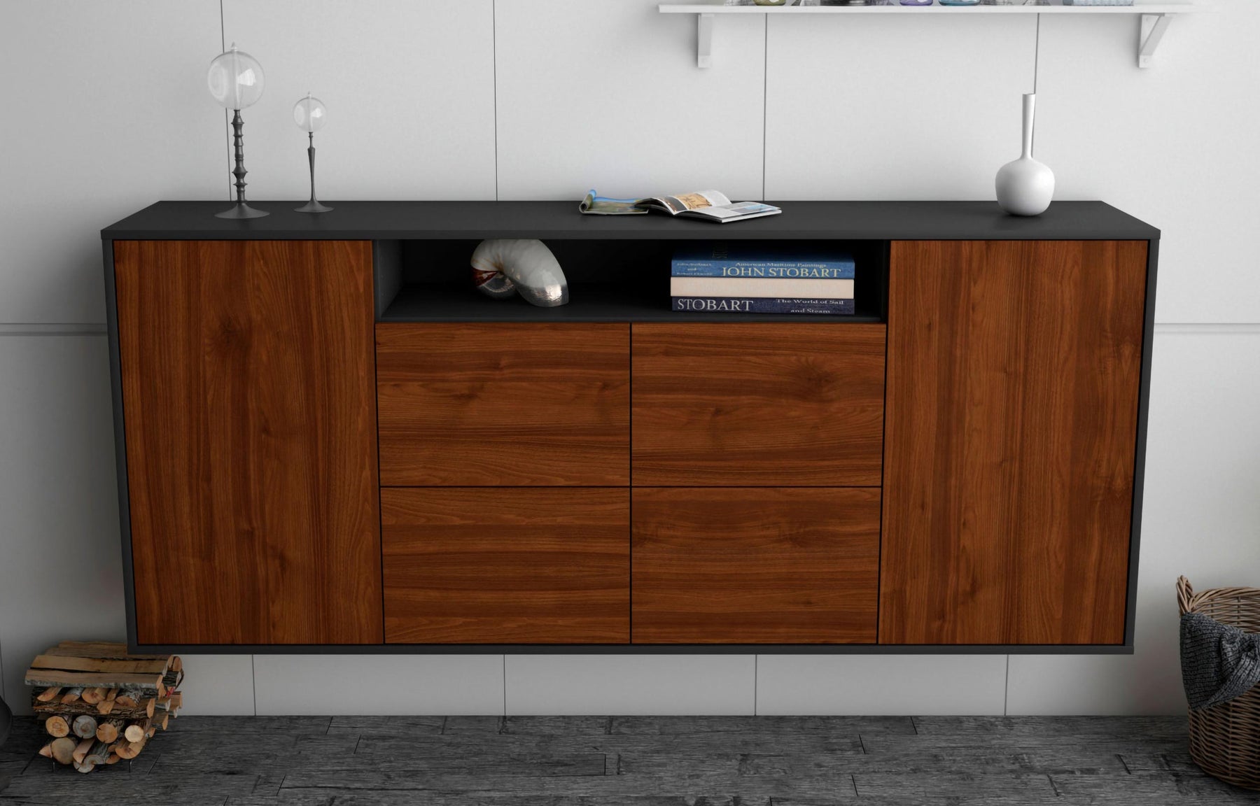 Sideboard Carrollton, Walnuss, hängend (180x79x35cm)