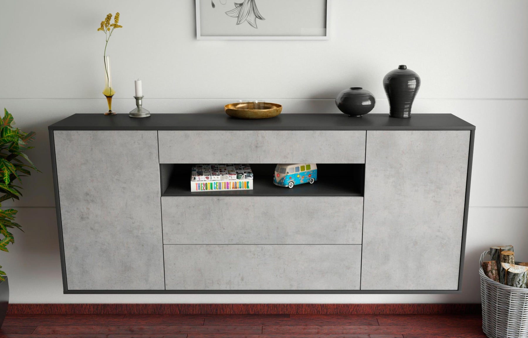 Sideboard Vallejo, Beton, hängend (180x79x35cm)