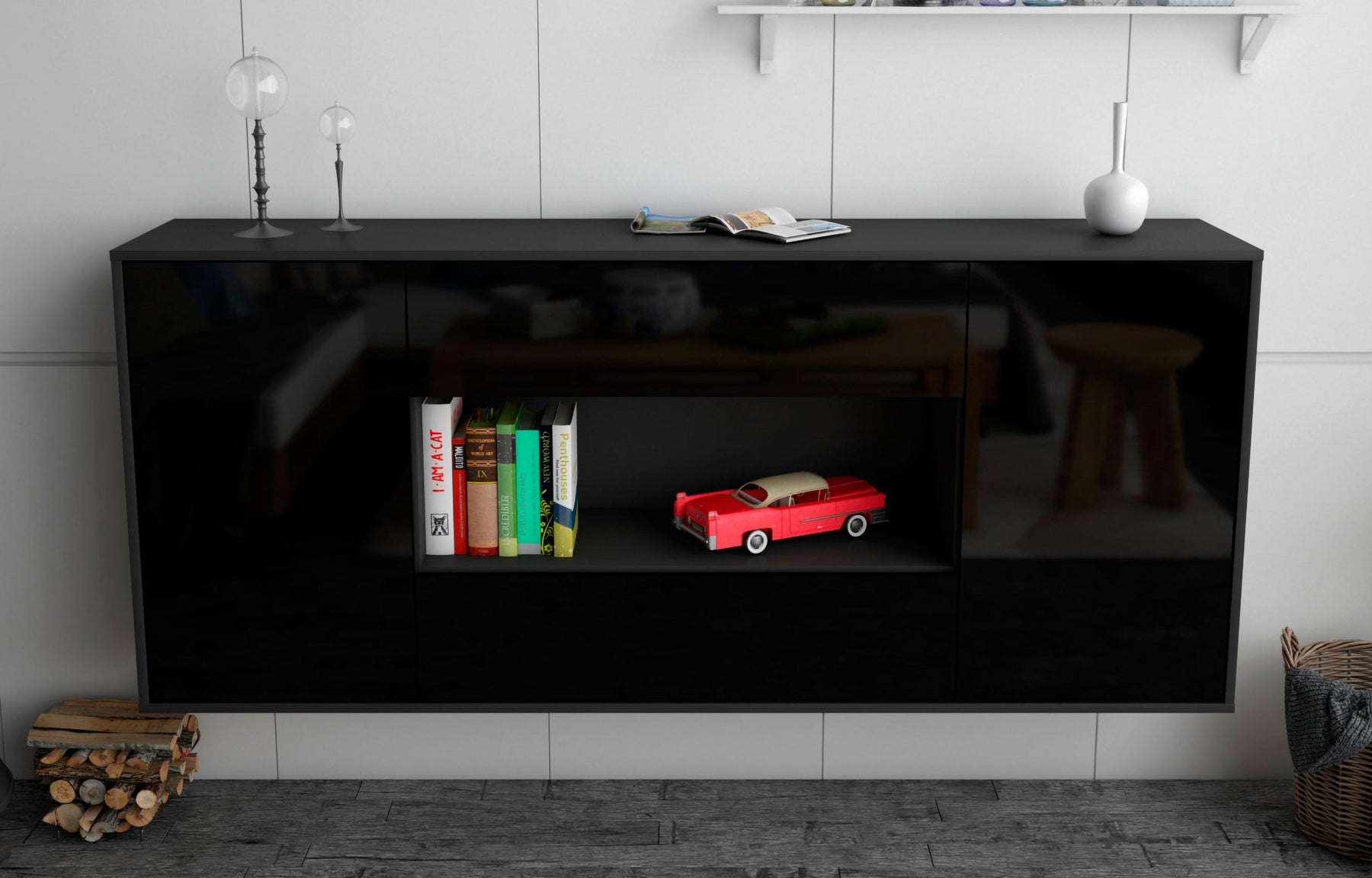 Sideboard Denton, Schwarz, hängend (180x79x35cm)