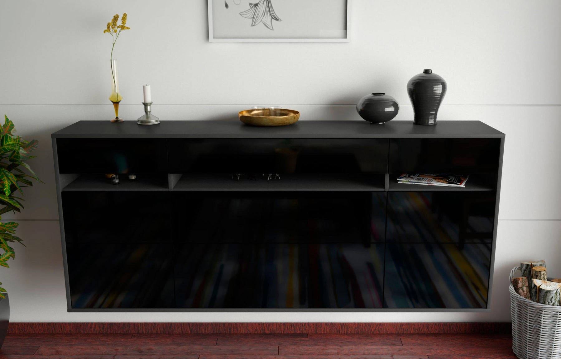 Sideboard Manchester, Schwarz, hängend (180x79x35cm)