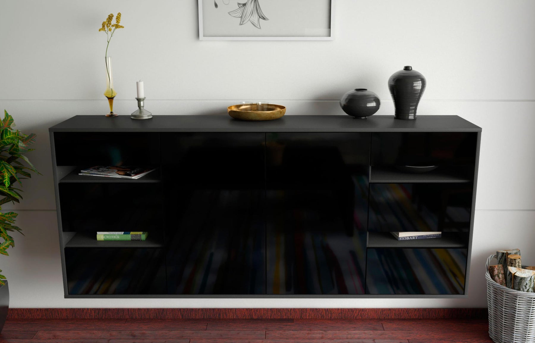 Sideboard Roseville, Schwarz, hängend (180x79x35cm)