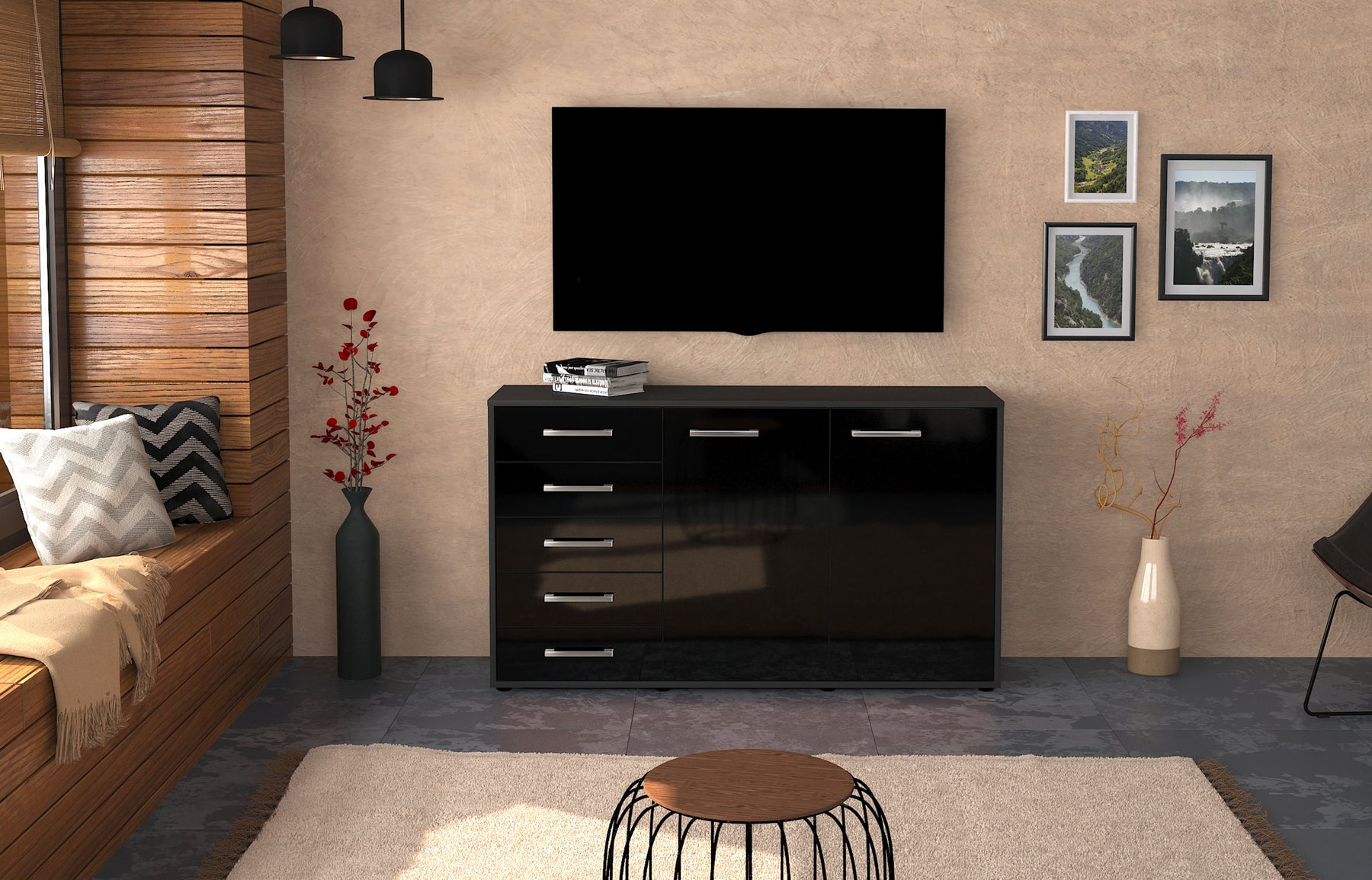 Sideboard Dorentina, Schwarz Studio (136x79x35cm) - Dekati GmbH